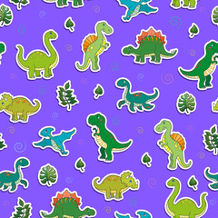 Seamless pattern with colorful dinosaurs and leaves, sticker icons on purple background