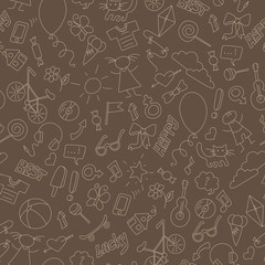 Seamless pattern on the theme of childhood, fun and friendship, a simple hand-drawn icons, beige outline on a brown background