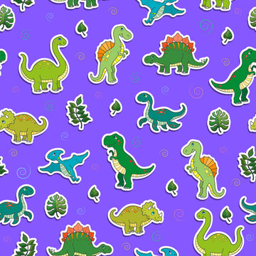 Seamless pattern with colorful dinosaurs and leaves, sticker icons on purple background