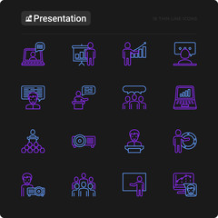 Presentation thin line icons set: seminar, human at tribune, meeting, projector, audience, video call, conference, discussion. Modern vector illustration for black theme.