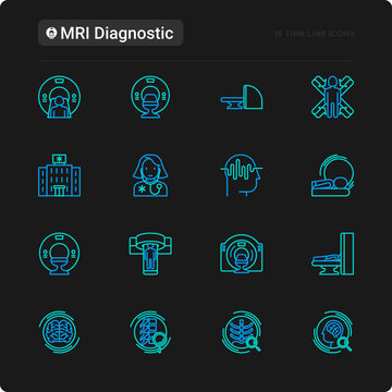 MRI diagnostics thin line icons set. Modern vector illustration of laboratory equipment for black theme.