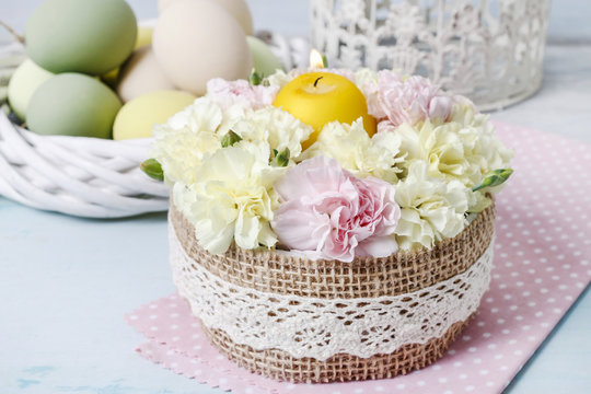 How to make easter floral arrangement with carnation flowers and candle, tutorial.