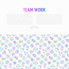 Fototapeta na wymiar Teamwork concept with thin line icons: group of people, mutual assistance, meeting, handshake, tug-of-war, cooperation, puzzle, team spirit, cooperation. Modern vector illustration for print media.