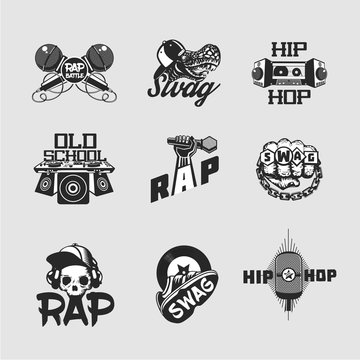 Hip-hop music signs set. Rap party collection of emblem. Old skull style.
