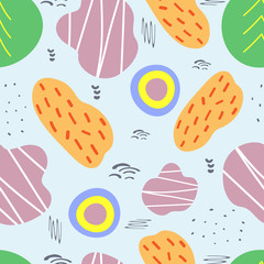 Colorful seamless pattern with abstract shapes. Drawn by hand, sketch, doodle. Endless trendy print.
