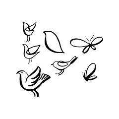 Fototapeta premium Hand sketched birds. Black cut silhouette on a white background. Hand drawn design elements. Vector illustration.
