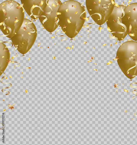 "Balloons gold, confetti and streamers on transparent ...