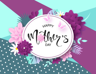 Happy Mother's Day greeting card design with beautiful blossom flowers, butterflies and lettering. Design layout for invitation, greeting card, ad, promotion, banner, poster, voucher.