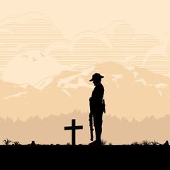 Silhouette of soldier paying respect at the grave, vector
