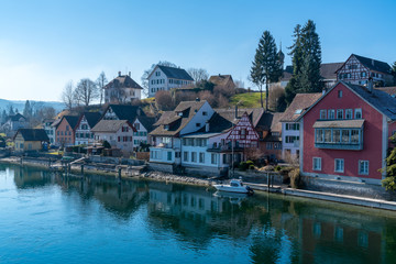 Fototapeta na wymiar View at the hill on the bank of Rhine River at Stein Am Rhein