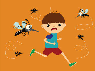 children running out of mosquito hunting group - obrazy, fototapety, plakaty