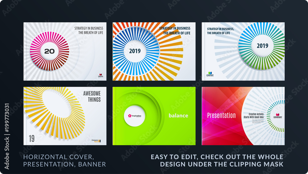 Poster presentation. abstract vector set of modern horizontal templates with colourful rays, circles for bu