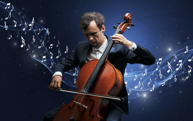 Lonely musical composer with cello and sparkling musical notes around