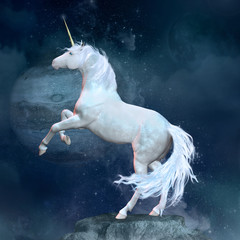 Beautiful unicorn over a rock in a space scenery - obrazy, fototapety, plakaty