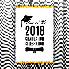 Graduation celebration 2018 class of greeting card with hat, scroll and laurel on waves background for invitation, banner, poster, postcard. Vector illustration. All isolated and layered