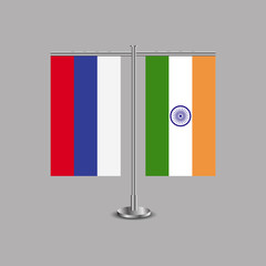 Table stand with flags of Russia and India.Two flag. Flag pole. Symbolizing the cooperation between the two countries.Table flags