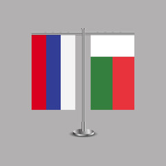 Table stand with flags of Russia and Madagascar.Two flag. Flag pole. Symbolizing the cooperation between the two countries.Table flags