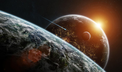 Distant planet system in space with exoplanets 3D rendering elements of this image furnished by NASA © sdecoret