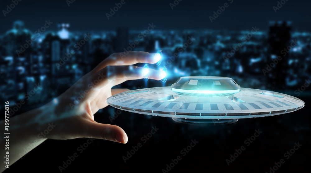 Poster businesswoman with retro ufo spaceship 3d rendering