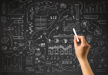 Female hand holding white chalk in front of a blackboard with a business plan drawn on it 