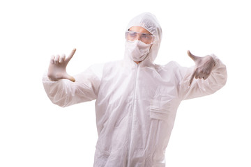 Man in protective suit isolated on white background