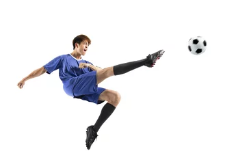 Fototapeten excited soccer player in action isolated white background © Tom Wang