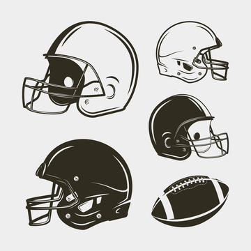 set of american football equipment and gear. helmets and ball. vector illustration