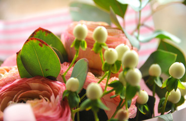 Beautiful anemones in a stylish bouquet. Close-up.
