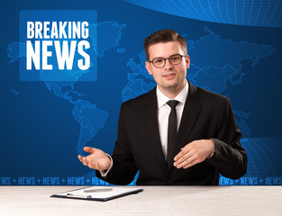 Television presenter in front telling breaking news with blue modern background concept