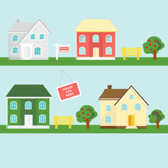 Banner for sales, advertising house, cottage with trees.