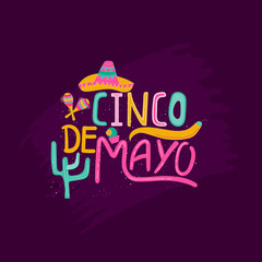 Banner or card for Cinco de Mayo celebration. Holiday poster with hand drawn calligraphy lettering,