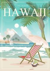 Hawaii vector travel illustration with colorful background. Summer template. Beach resort. Sunny vacations
