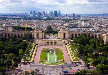 Panoramic view from Eiffel tower on Gardens of the Trocadero, Fountain of Warsaw and Palais de Chaillot in Paris, France, June 25, 2013