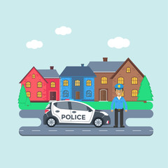 Obraz na płótnie Canvas Police patrol on a road with police car, officer, house, nature landscape.