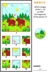 Visual logic puzzle with two little brown bears in the forest: Which images of the 2 - 10 are NOT the fragments of the picture 1?
