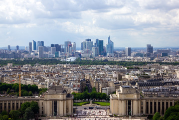 Panoramic view from Eiffel tower on Palais de Chaillot in Gardens of the Trocadero and the city,...