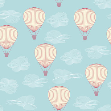 Seamless pattern made of balloons flying in the summer sky between the clouds. No mesh, gradient, transparency used.