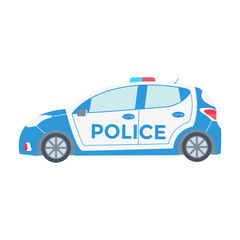 Vector police car side view isolated on white with flashing light, siren