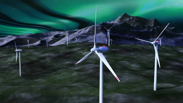 Beautiful 3d animation of a wind generators farm located on a meadow against a starry sky. On a background seen a mountain landscape, starry sky and aurora borealis, seamless loop close-up, 4K UHD
