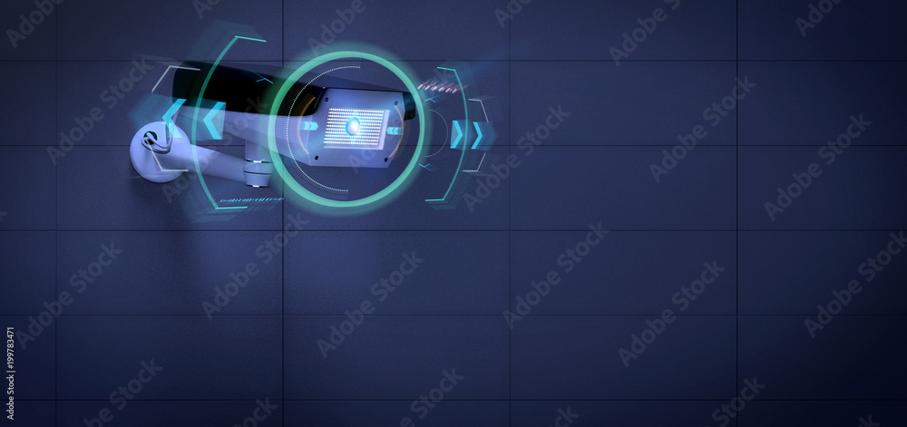 Poster security camera targeting a detected intrusion - 3d renderinga