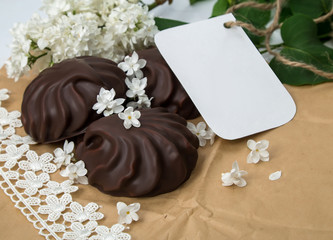 greeting card with white lilac and marshmallow in cherry