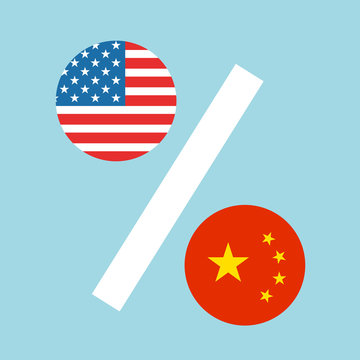 USA And China As Percentages. Metaphor Of Trade War - Percents Of Tariff Rates And Customs Duty. Vector Illustration