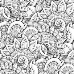 Monochrome Seamless Pattern with Floral Motifs