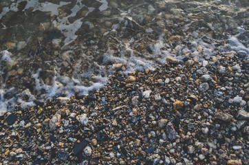 Pebble beach with sea water close up