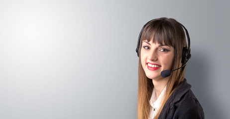 Young female telemarketer on a white background
