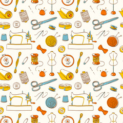 Sewing set. Kit for needlework and embroidery. Illustration with needle, thread, scissors, buttons, pin, spool, thimble, machine, mannequin.