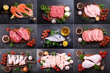 Papier Peint photo Viande collage de divers viandes, poulets et poissons frais