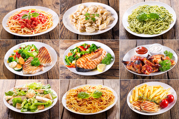 collage of various plates of meat, fish and chicken