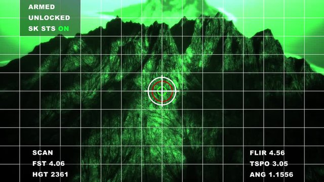 4K Military Surveillance Green Display in Mountains Aerial Cinematic 3D Animation