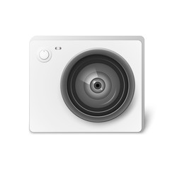 Fototapeta premium Compact white action video cameral. Photo, video camera equipment for filming extreme sports. Realistic vector illustration isolated on white background. . Realistic vector illustration